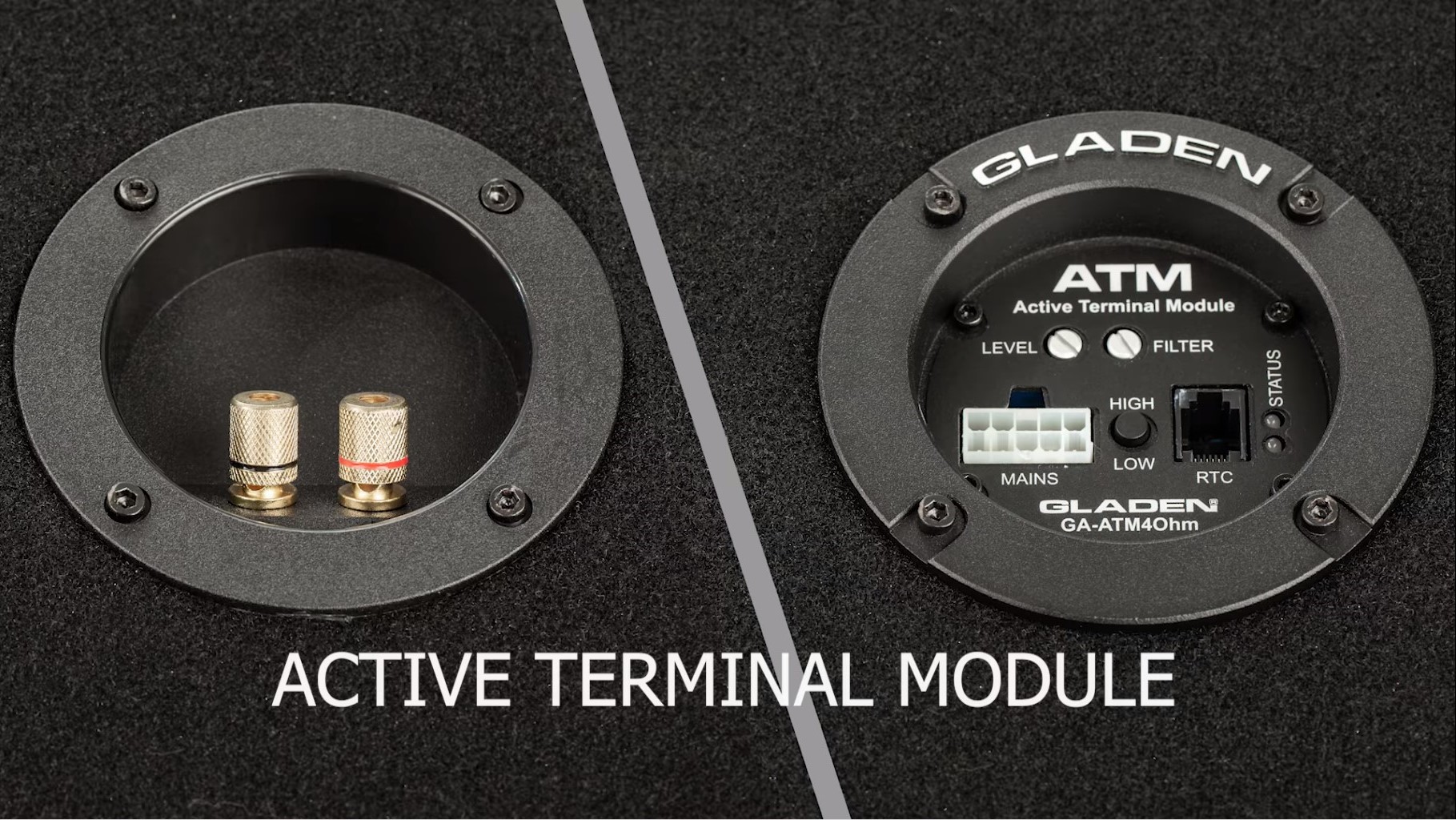 Gladen ATM2 (D class) power amplifier inside subwoofer box (mono, 2 Ohm).