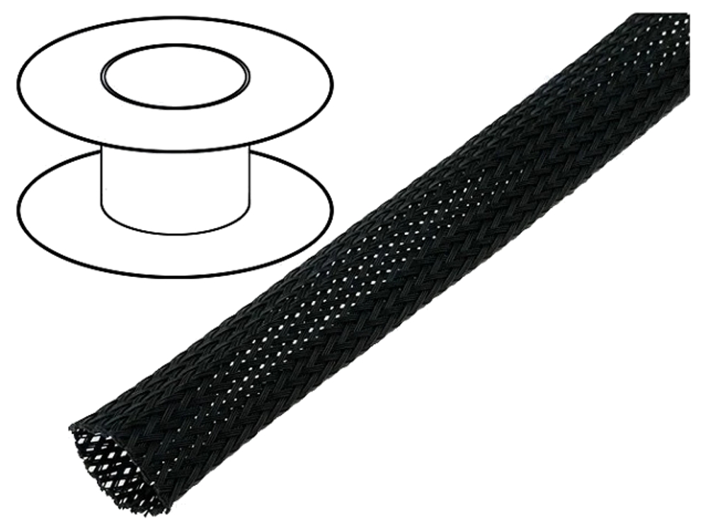 Expandable braided cable sleeving (Black, 12.0 mm). 