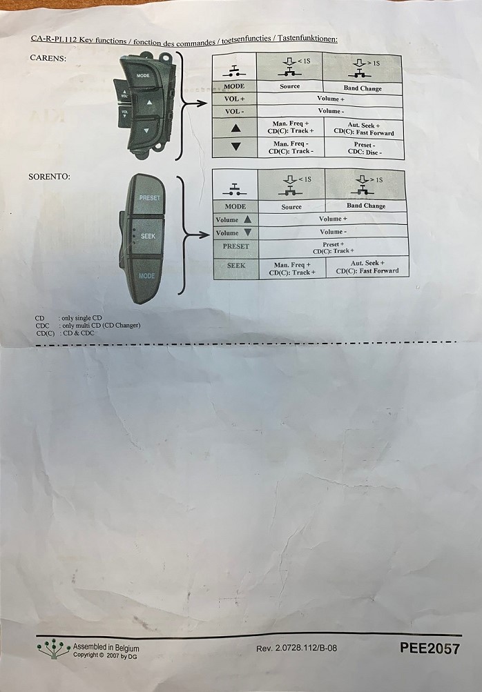 KIA Carens, Sorento... Steering Wheel Control (stalk adapter) for Pioneer.