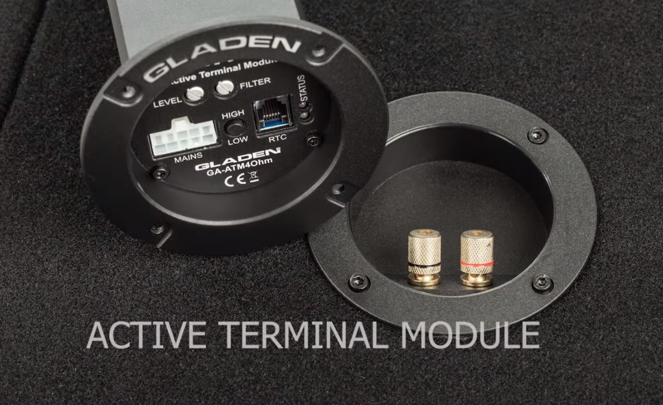 Gladen ATM4 (D class) power amplifier inside subwoofer box (mono, 4 Ohm).